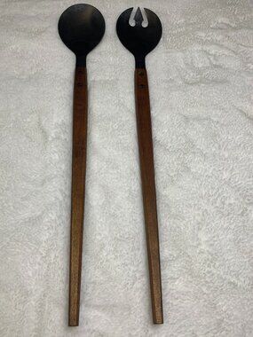 Vintage MCM ~13” Stainless Wood Handle SALAD SERVING SET Spoon & Fork JAPAN